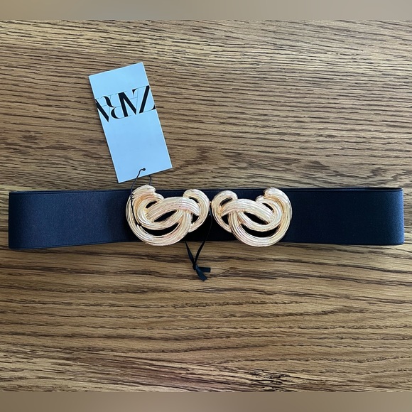 Zara GOLD BUCKLE BLACK STRETCH BELT - Picture 3 of 10